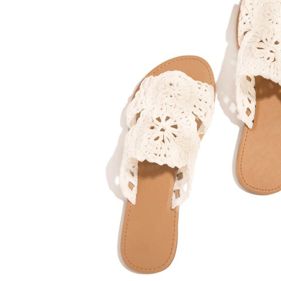 NEW Off White Crochet Lace Raffia Straw Slip On Slides Slippers Sandals Shoes - Picture 11 of 12